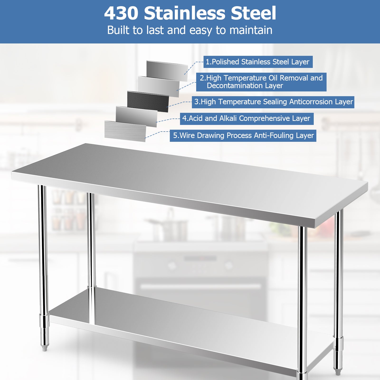 24 x 60 Inches Stainless Steel Kitchen Prep Table, Adjustable Undershelf, Silver Kitchen Tools at Gallery Canada