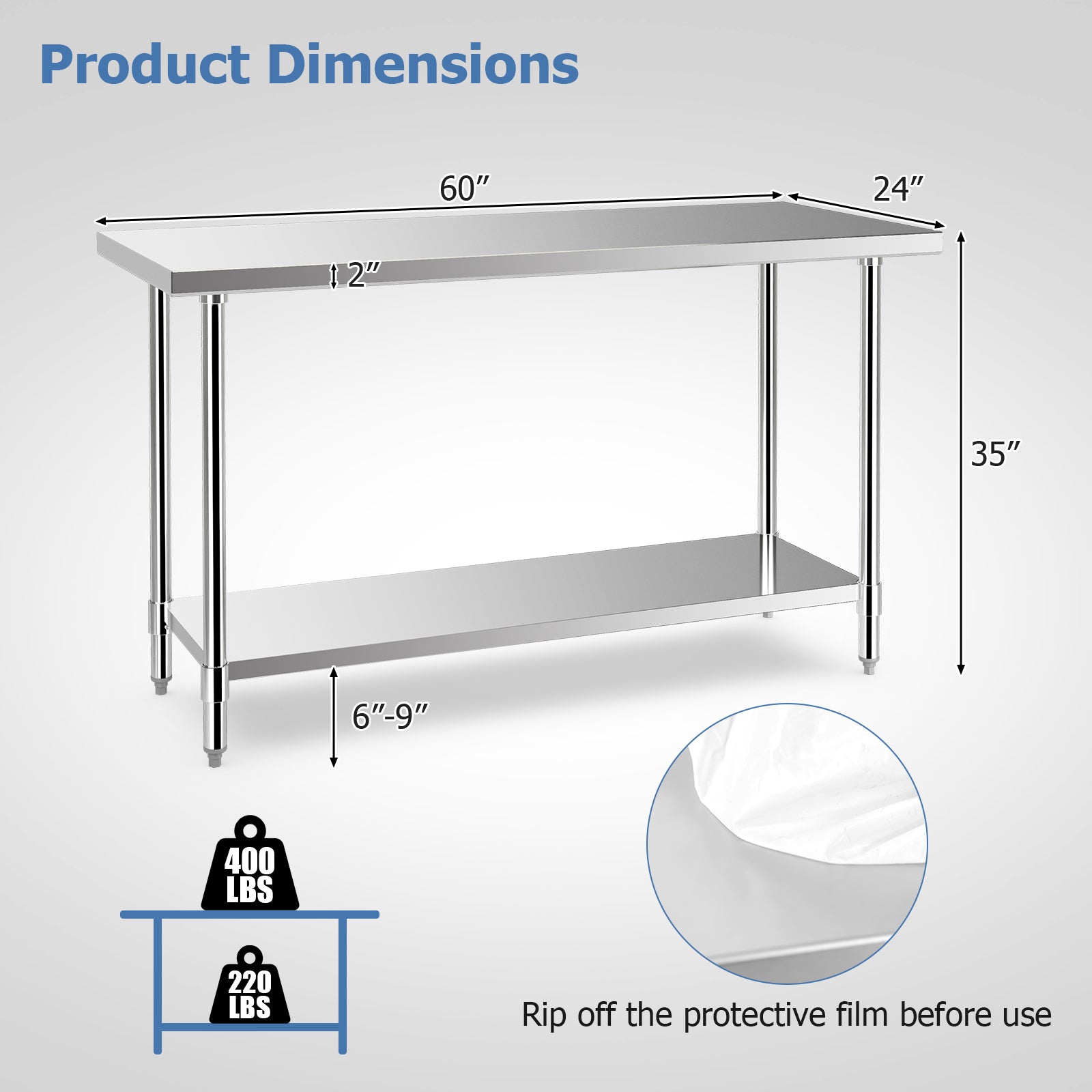 24 x 60 Inches Stainless Steel Kitchen Prep Table, Adjustable Undershelf, Silver Kitchen Tools at Gallery Canada