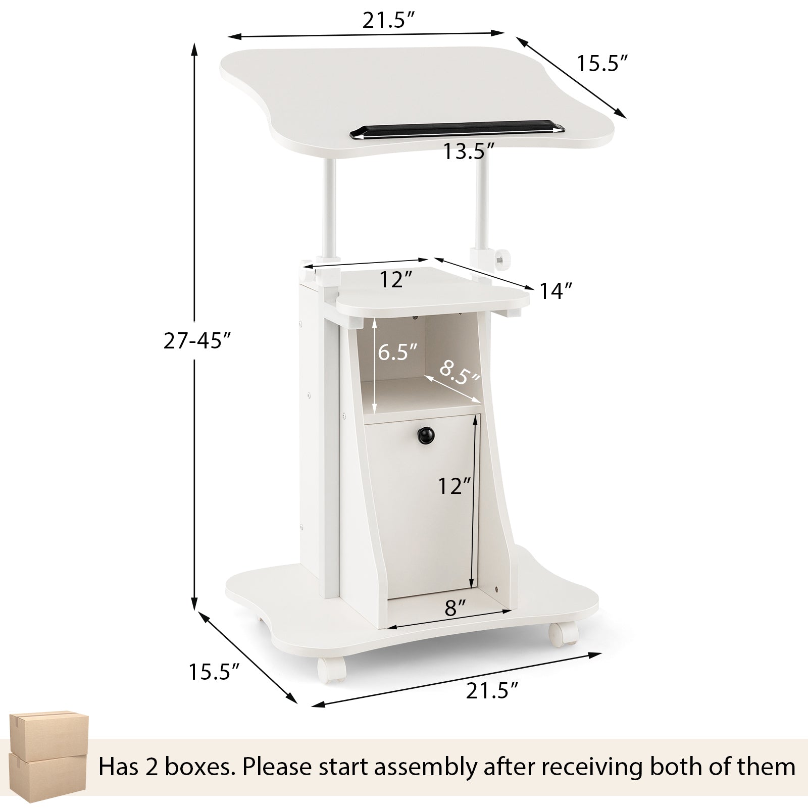 Adjustable Mobile Standing Desk Cart, White Laptop Tables & Printer Stands at Gallery Canada