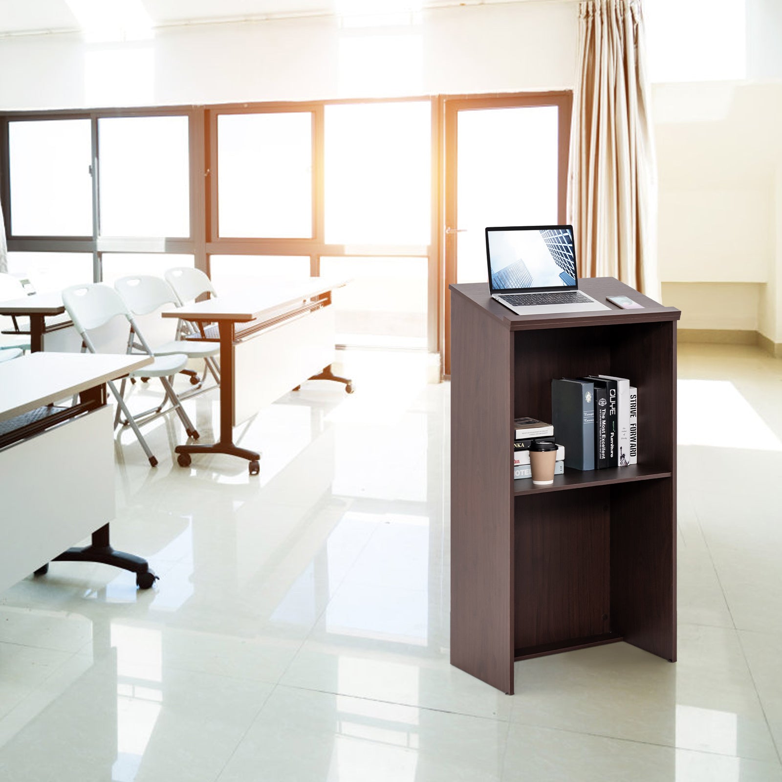 Wooden Floor Standing Podium Lectern, Brown Laptop Tables & Printer Stands at Gallery Canada