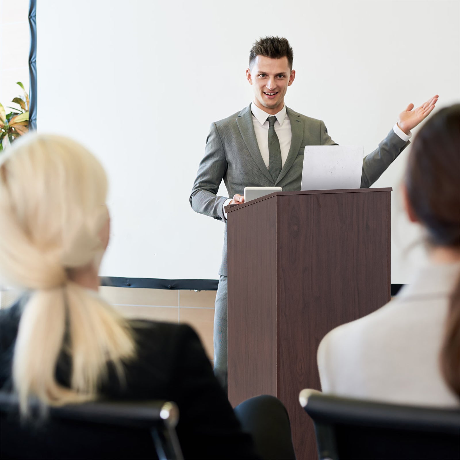 Wooden Floor Standing Podium Lectern, Brown Laptop Tables & Printer Stands at Gallery Canada