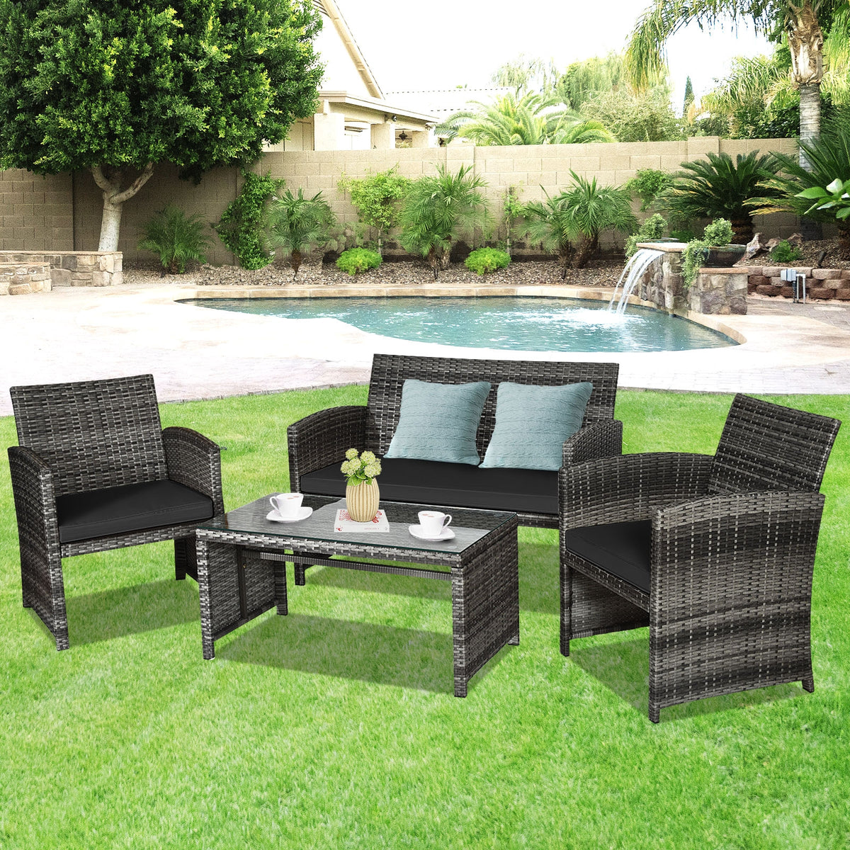 4 Piece Rattan Patio Set, Glass Table, Loveseat, Black Patio Conversation Sets at Gallery Canada