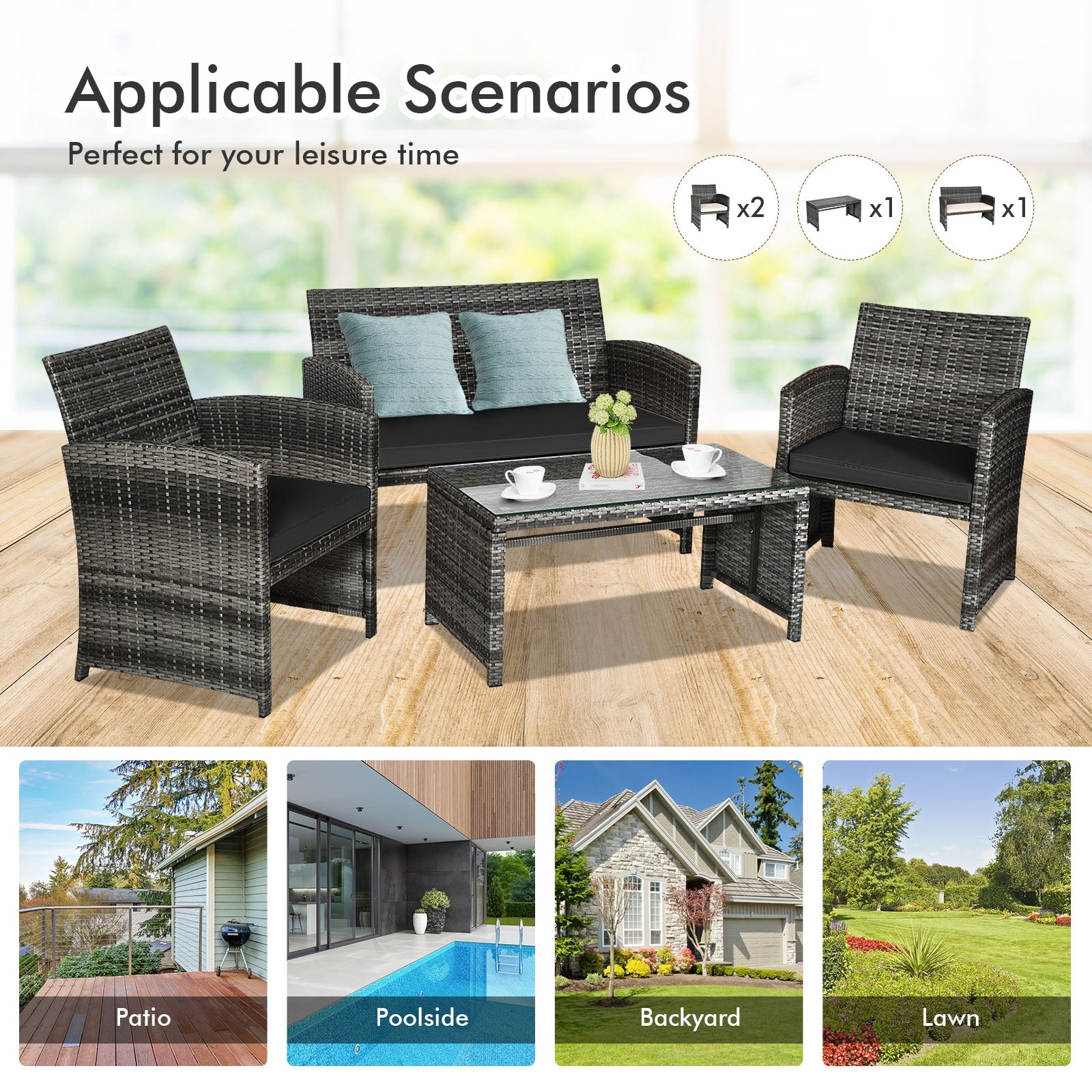 4 Piece Rattan Patio Set, Glass Table, Loveseat, Black Patio Conversation Sets at Gallery Canada
