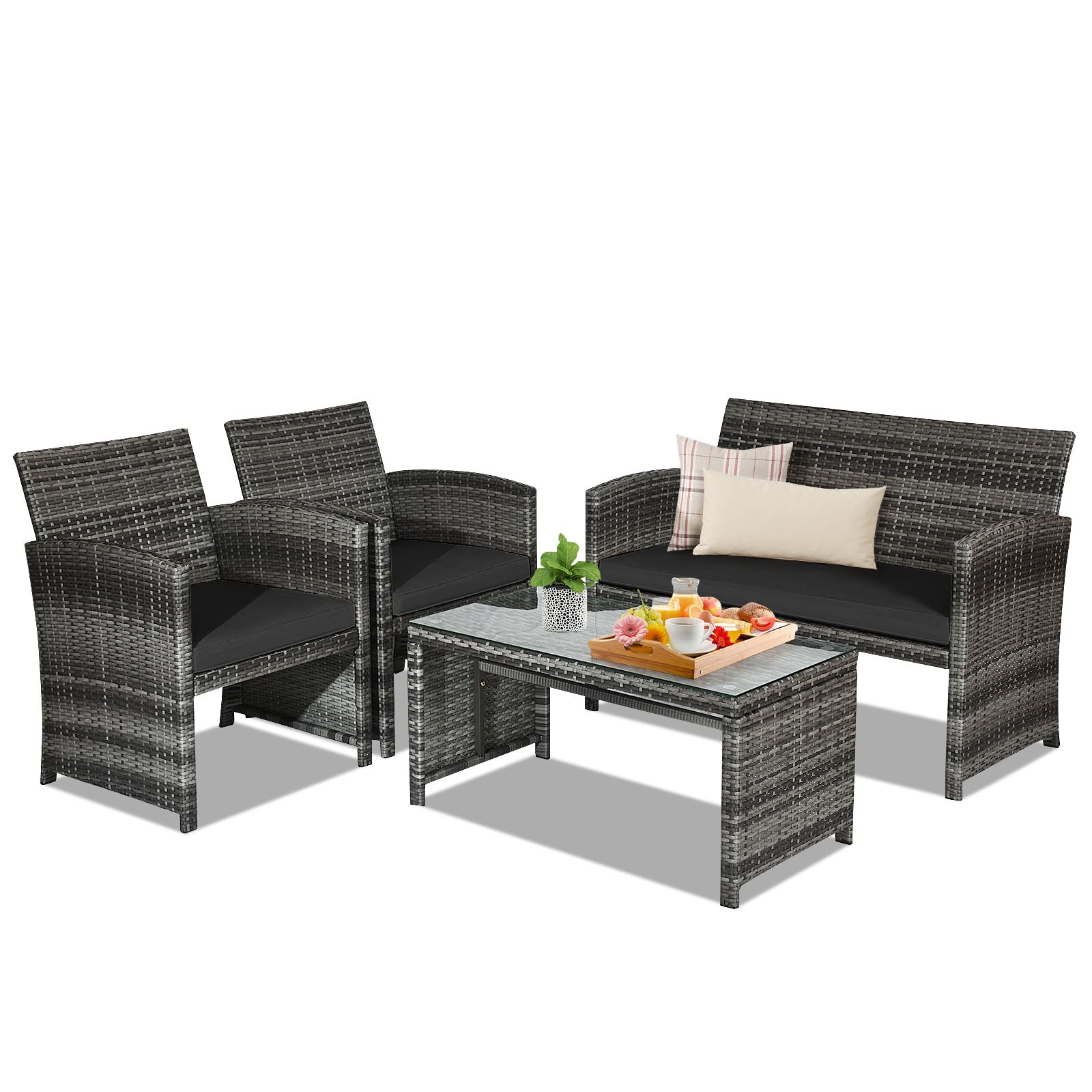 4 Piece Rattan Patio Set, Glass Table, Loveseat, Black Patio Conversation Sets at Gallery Canada