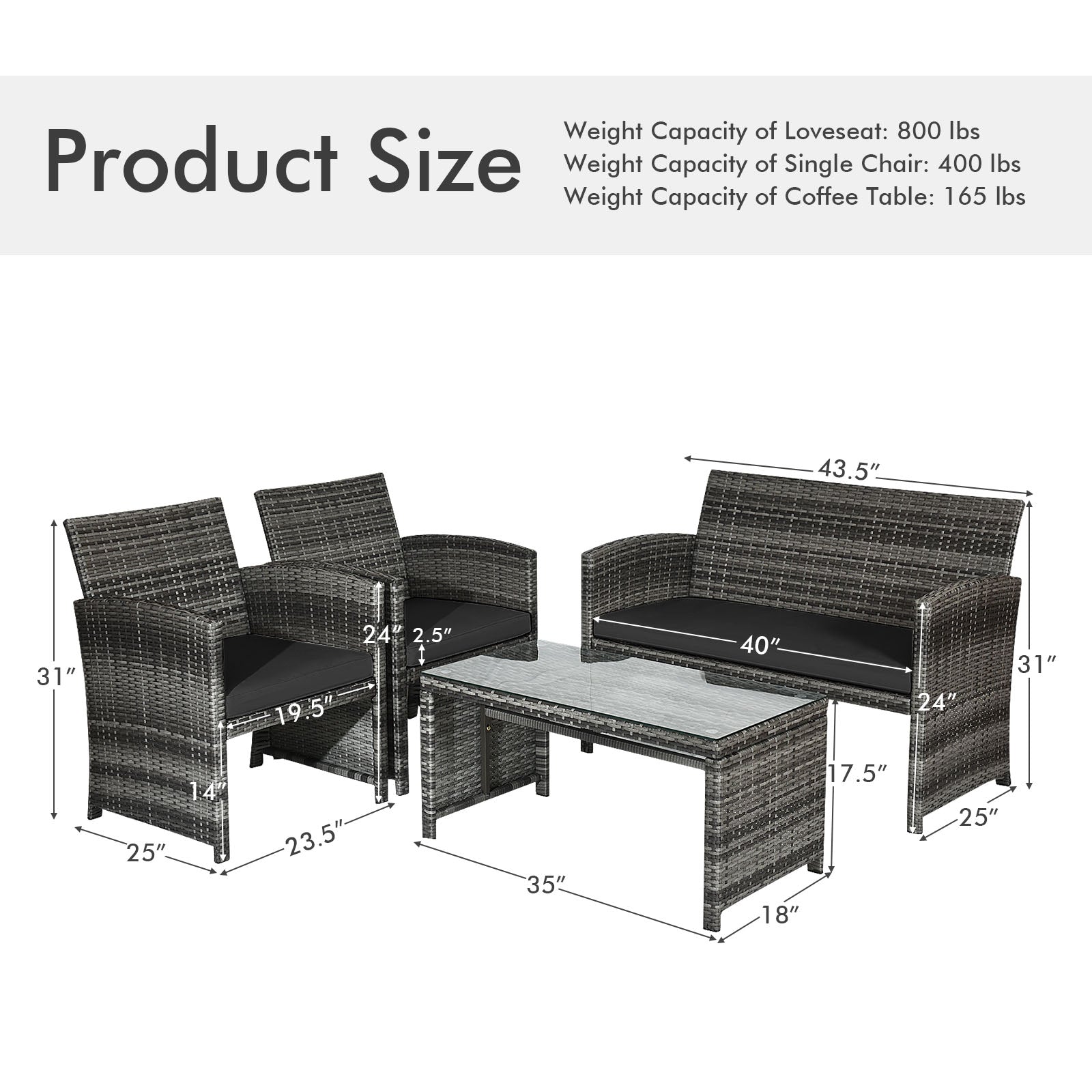 4 Piece Rattan Patio Set, Glass Table, Loveseat, Black Patio Conversation Sets at Gallery Canada