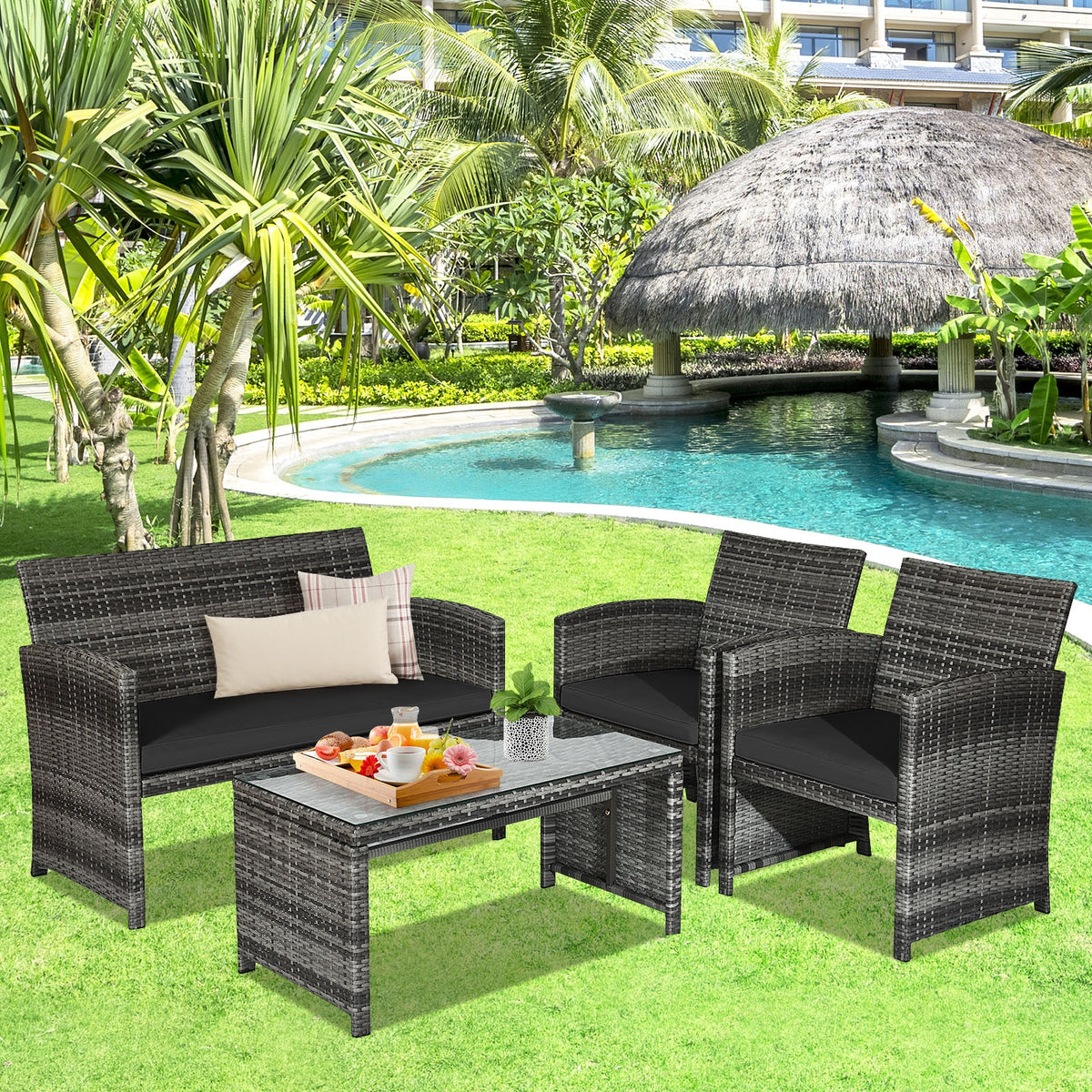4 Piece Rattan Patio Set, Glass Table, Loveseat, Black Patio Conversation Sets at Gallery Canada