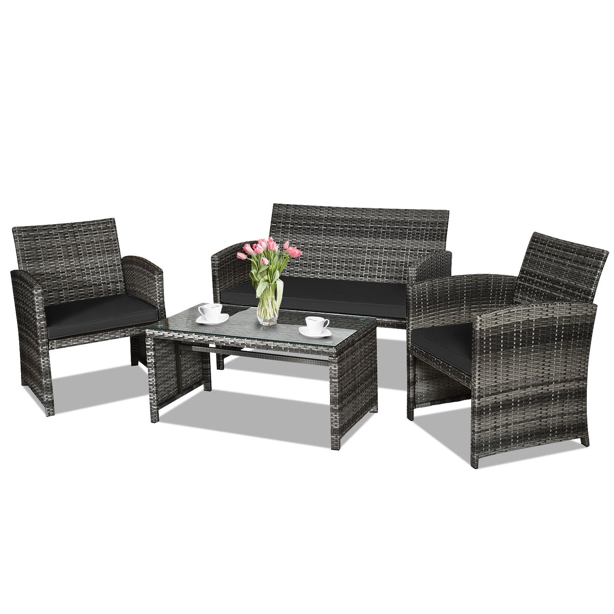 4 Piece Rattan Patio Set, Glass Table, Loveseat, Black Patio Conversation Sets at Gallery Canada