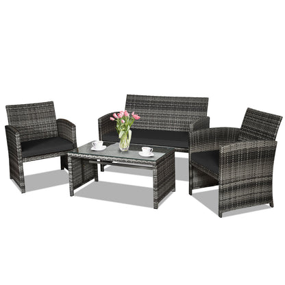 4 Piece Rattan Patio Set, Glass Table, Loveseat, Black Patio Conversation Sets at Gallery Canada