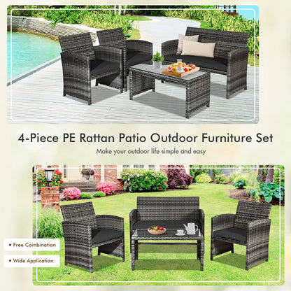 4 Piece Rattan Patio Set, Glass Table, Loveseat, Black Patio Conversation Sets at Gallery Canada