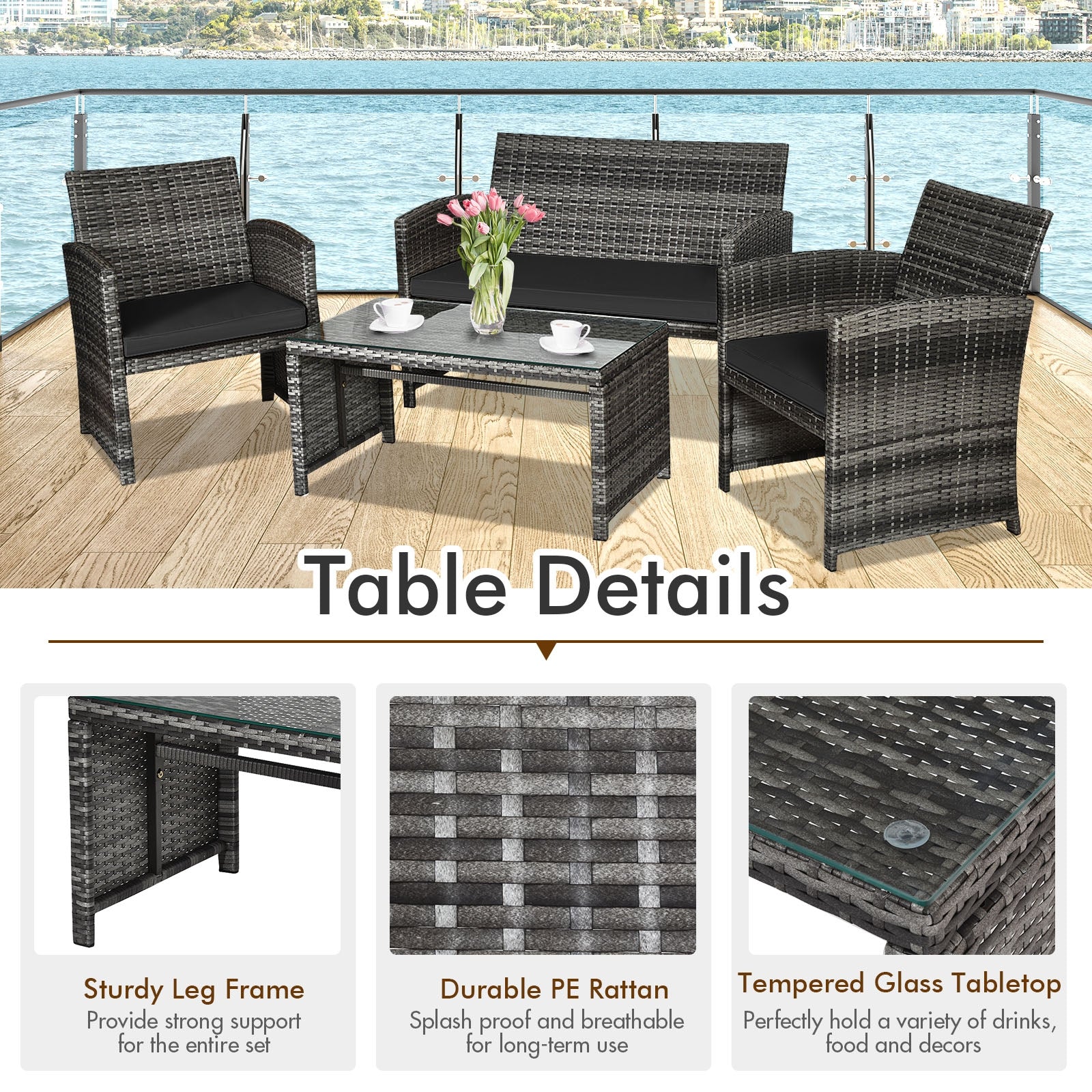 4 Piece Rattan Patio Set, Glass Table, Loveseat, Black Patio Conversation Sets at Gallery Canada