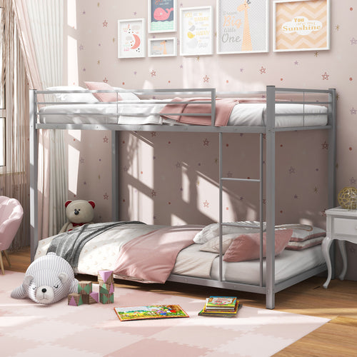 Twin Over Twin Metal Bunk Bed, Full Guardrails, Silver