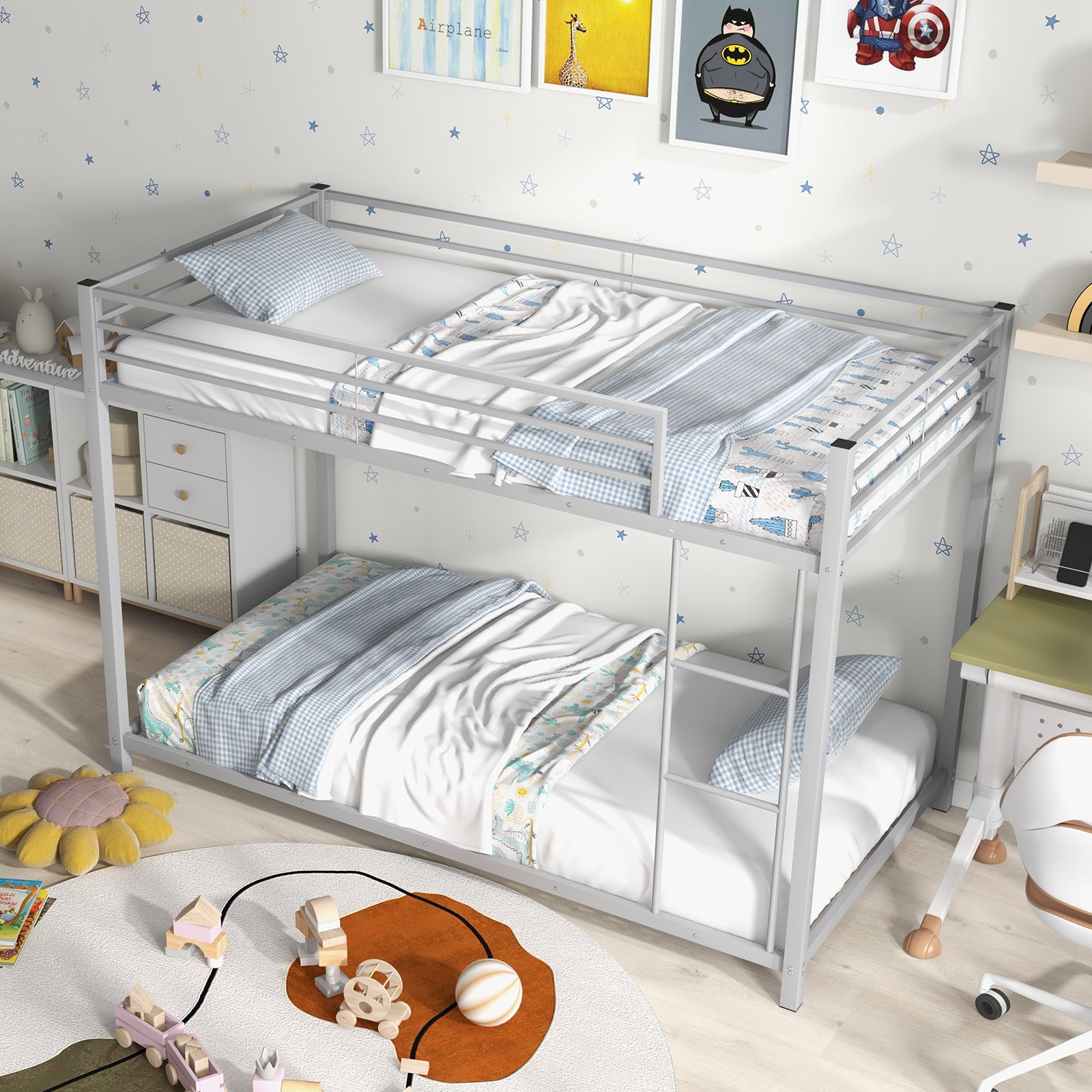 Twin Over Twin Metal Bunk Bed, Full Guardrails, Silver Bunk Bed Frame at Gallery Canada