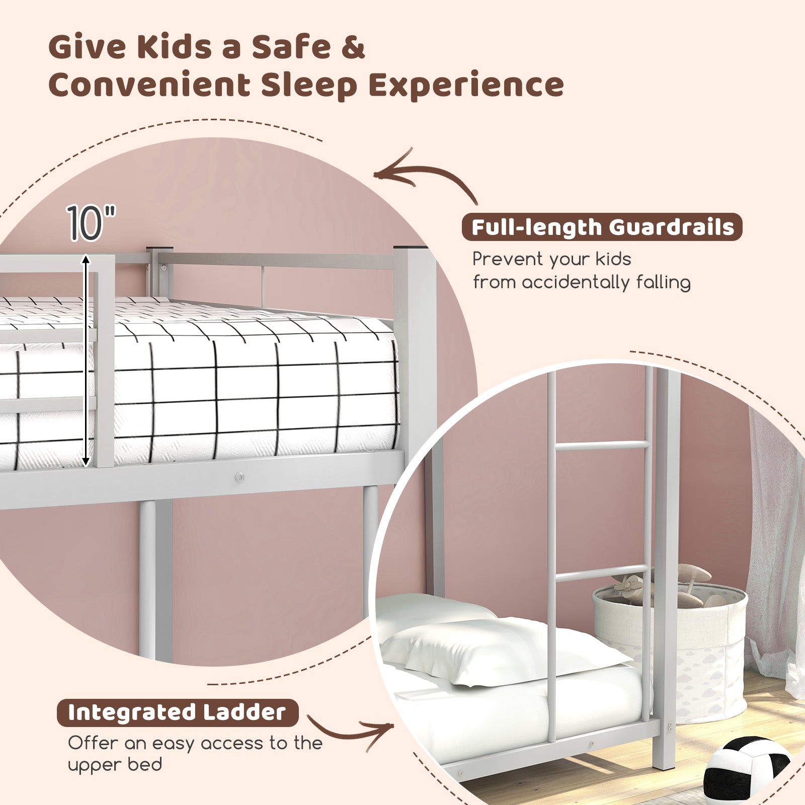 Twin Over Twin Metal Bunk Bed, Full Guardrails, Silver Bunk Bed Frame at Gallery Canada