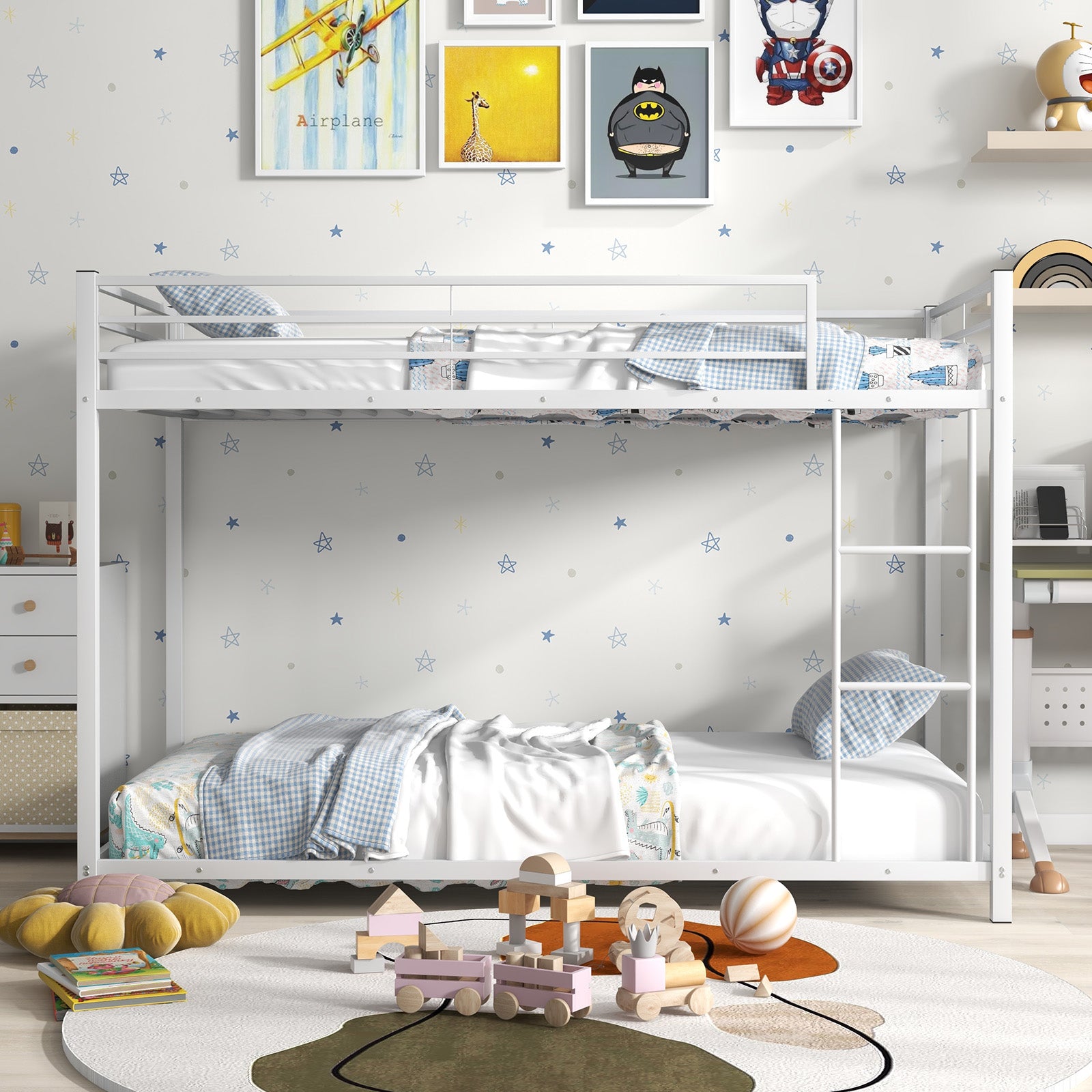 Twin Over Twin Metal Bunk Bed, Full-Length Guardrails, White Bunk Bed Frame at Gallery Canada