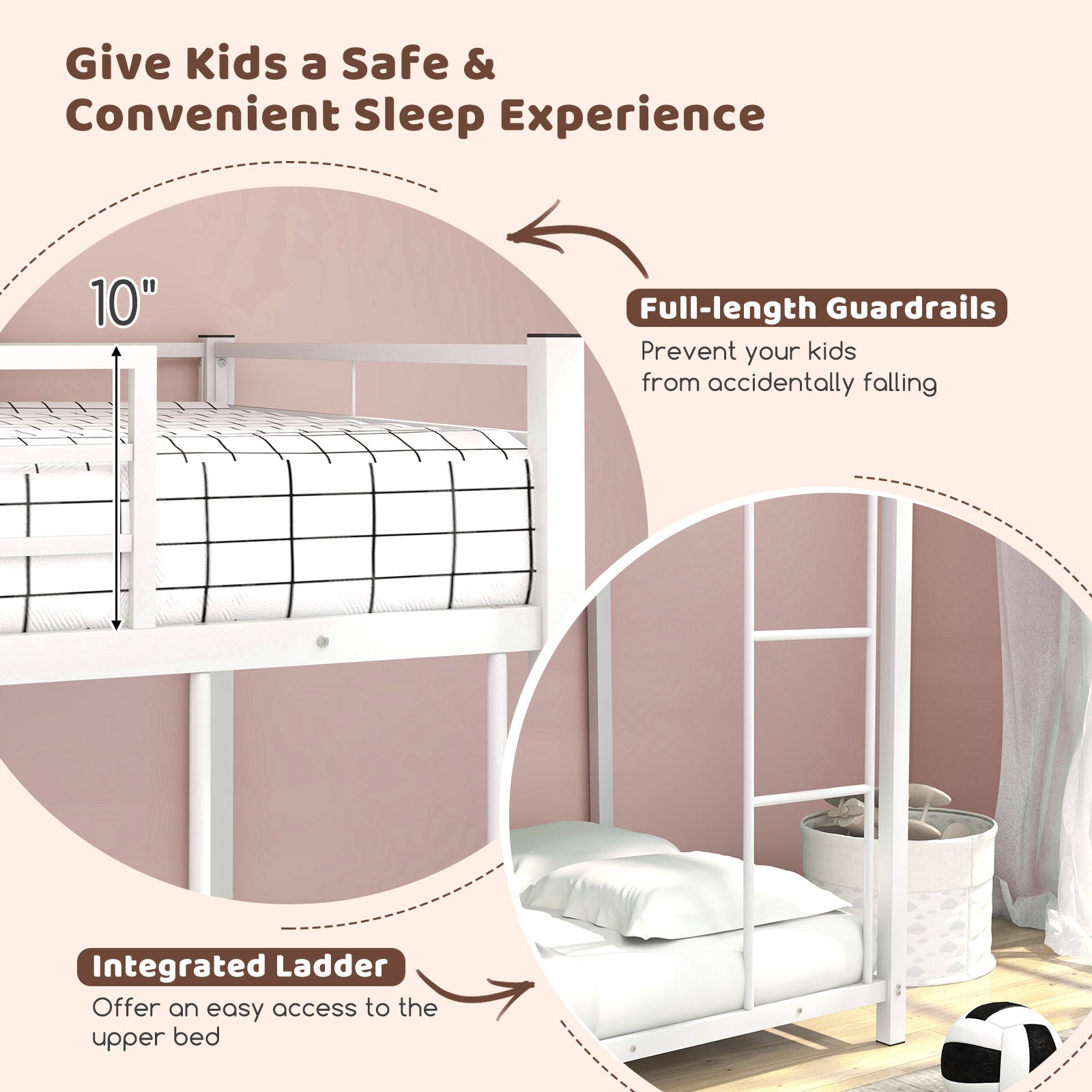 Twin Over Twin Metal Bunk Bed, Full-Length Guardrails, White Bunk Bed Frame at Gallery Canada