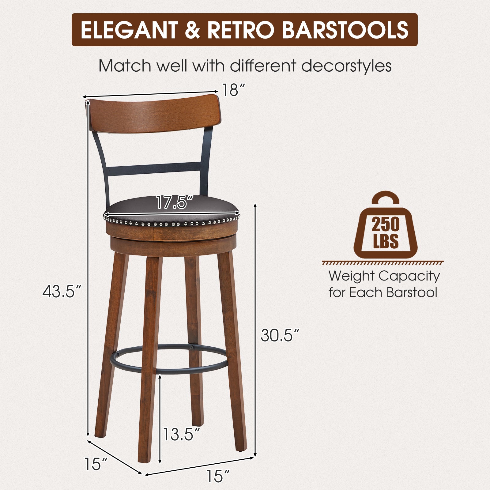 Set Of 2 30.5 Inch Swivel Bar Stools, Brown Bar Stools at Gallery Canada