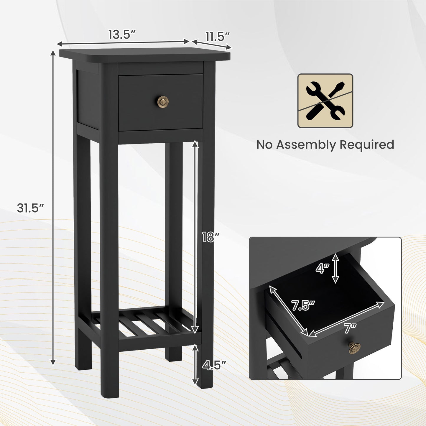 2 Tier Slim Nightstand, With Drawer Shelf, Black Nightstands at Gallery Canada