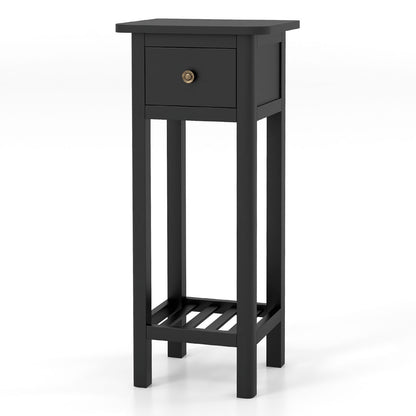 2 Tier Slim Nightstand, With Drawer Shelf, Black Nightstands at Gallery Canada