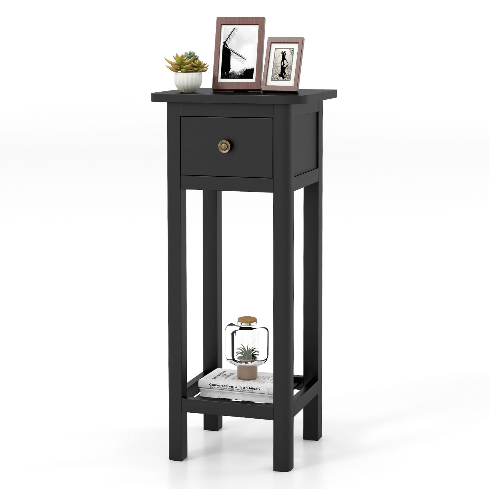 2 Tier Slim Nightstand, With Drawer Shelf, Black Nightstands at Gallery Canada