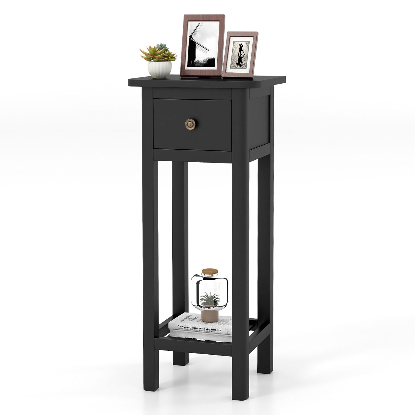 2 Tier Slim Nightstand, With Drawer Shelf, Black Nightstands at Gallery Canada