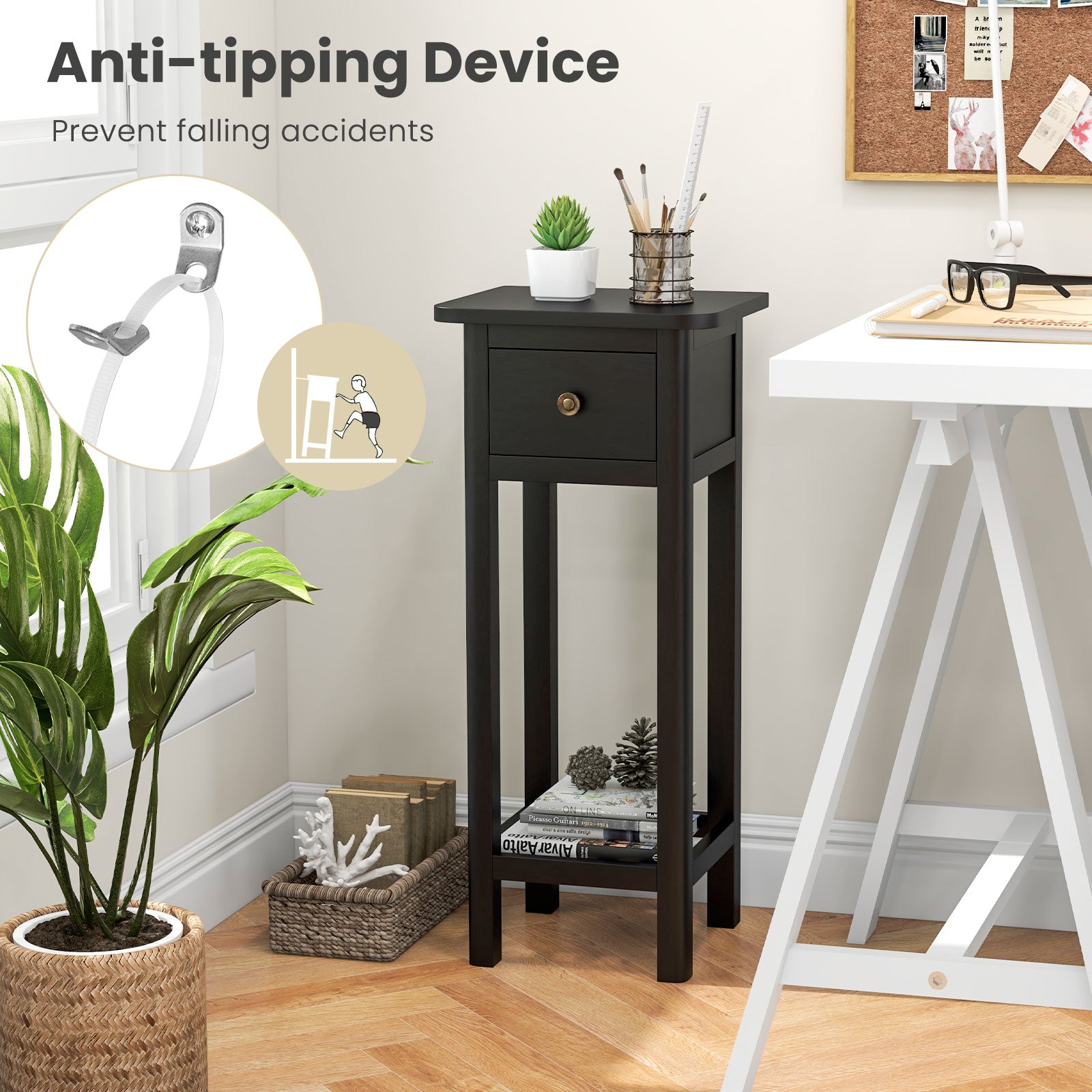 2 Tier Slim Nightstand, With Drawer Shelf, Black Nightstands at Gallery Canada