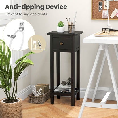 2 Tier Slim Nightstand, With Drawer Shelf, Black Nightstands at Gallery Canada
