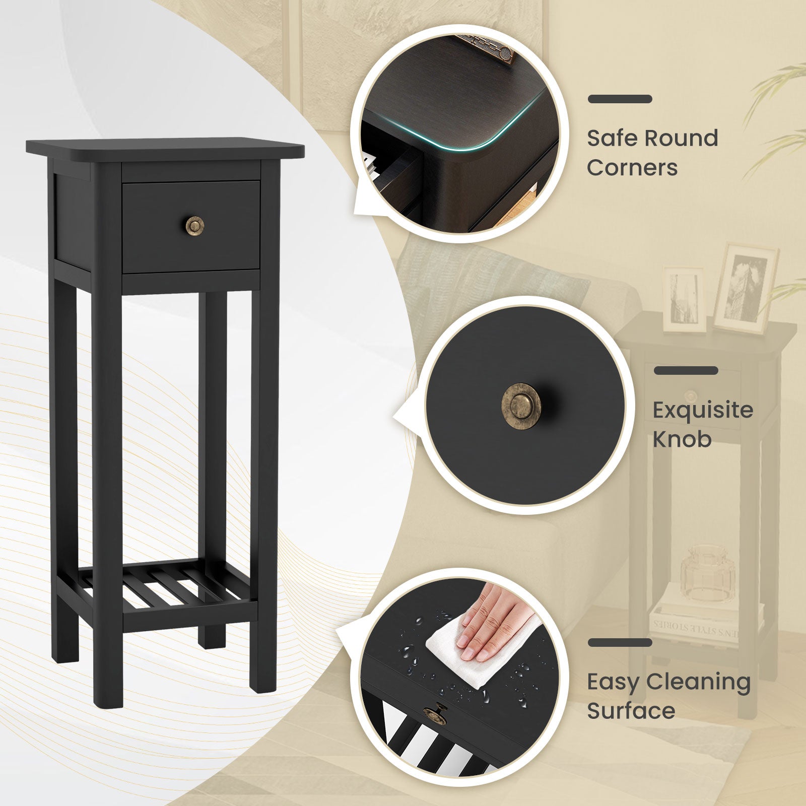 2 Tier Slim Nightstand, With Drawer Shelf, Black Nightstands at Gallery Canada