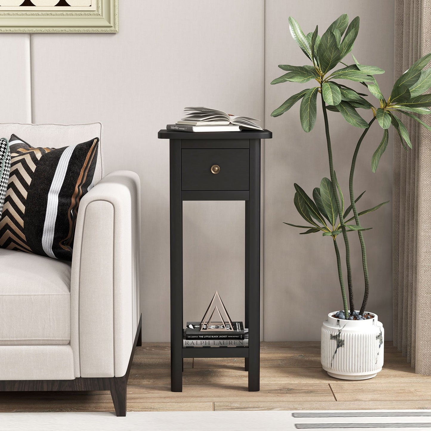 2 Tier Slim Nightstand, With Drawer Shelf, Black Nightstands at Gallery Canada