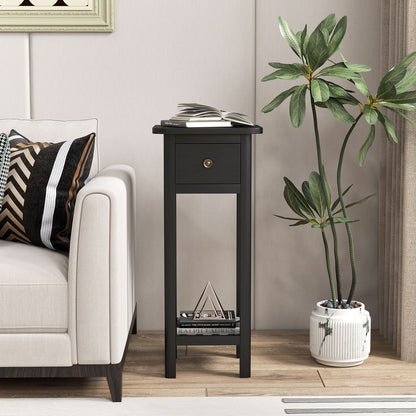 2 Tier Slim Nightstand, With Drawer Shelf, Black Nightstands at Gallery Canada