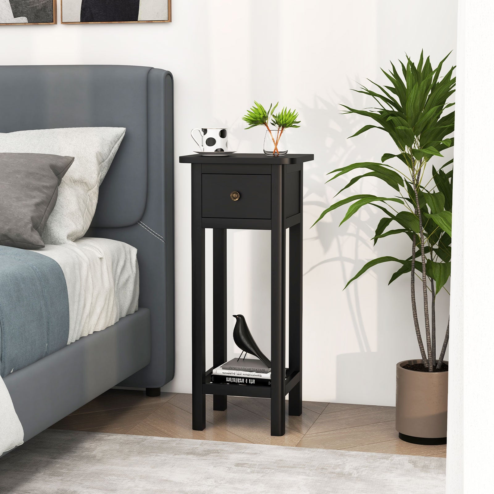 2 Tier Slim Nightstand, With Drawer Shelf, Black Nightstands at Gallery Canada