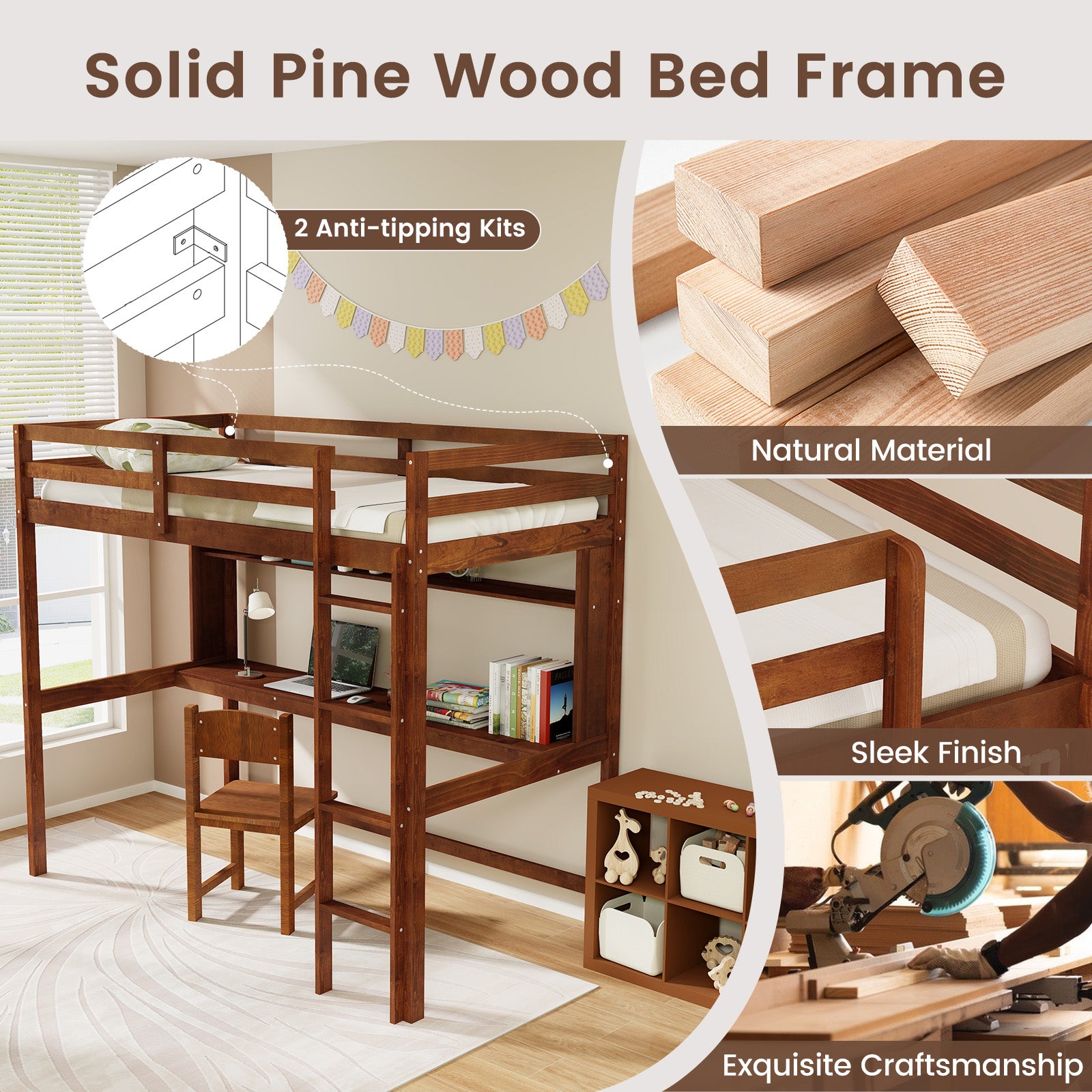 Twin Size Solid Wood Loft Bed Frame, Brown Bunk Bed Frame at Gallery Canada
