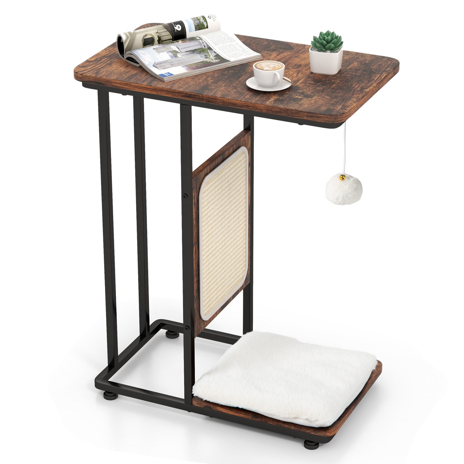 C-Shaped Cat Side Table, Cat Tree With Scratching Board, Rustic Brown Cat Supplies Rustic Brown at Gallery Canada