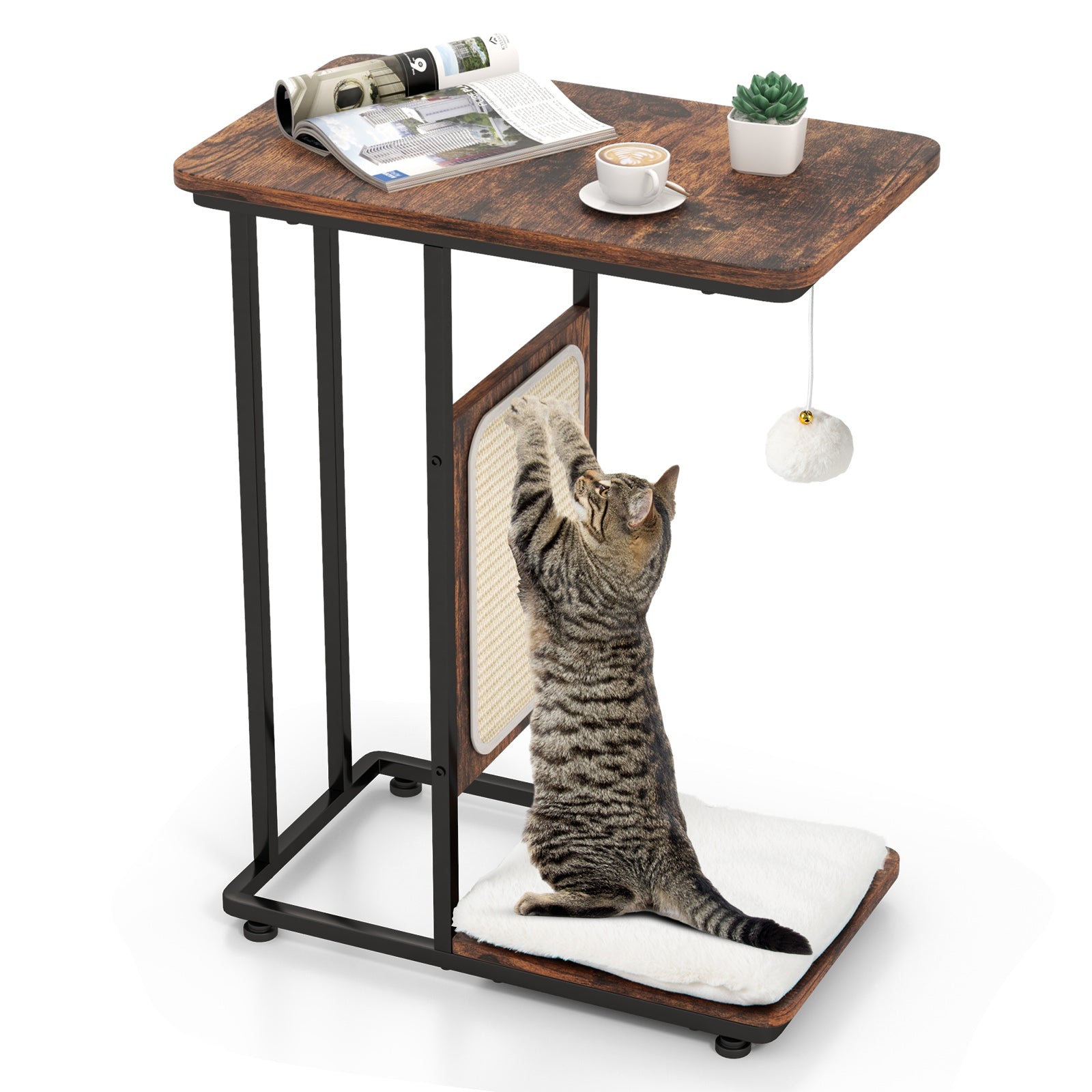C-Shaped Cat Side Table, Cat Tree With Scratching Board, Rustic Brown Cat Supplies at Gallery Canada