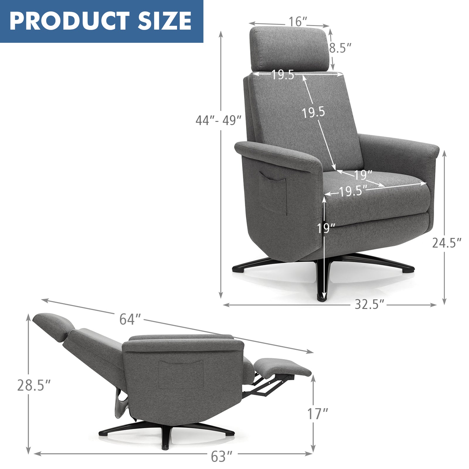 Swivel Massage Recliner Sofa, Adjustable Headrest, Gray Recliners at Gallery Canada
