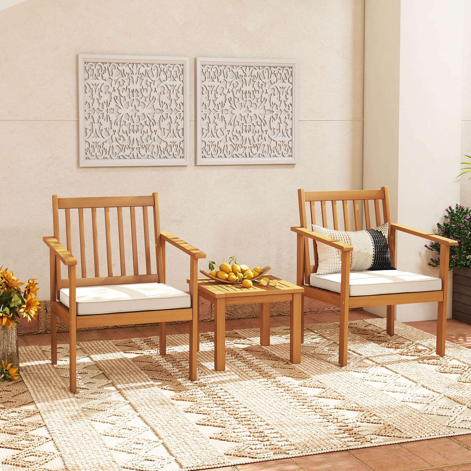 3 Piece Patio Wood Furniture Set With Cushions, White Patio Conversation Sets at Gallery Canada