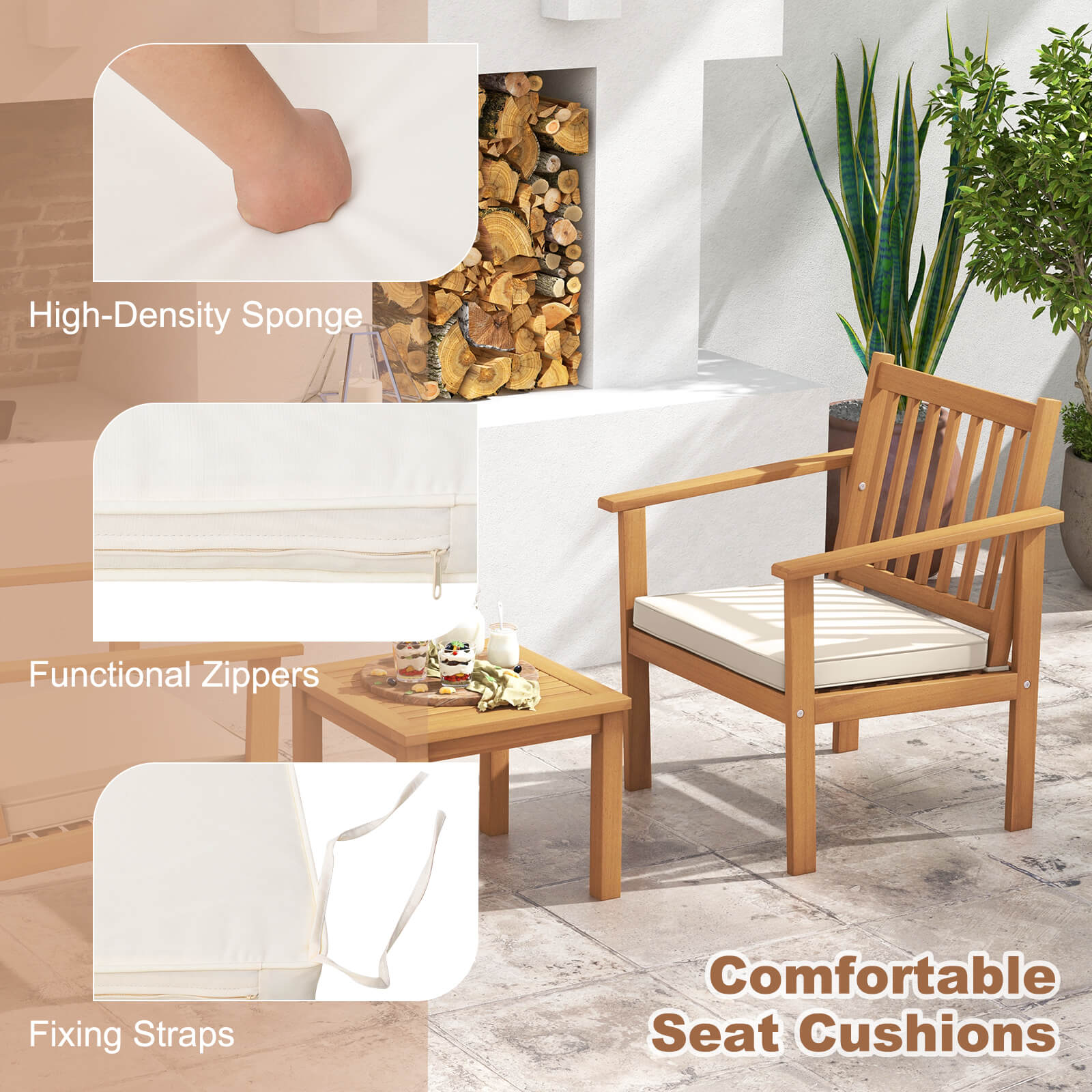 3 Piece Patio Wood Furniture Set With Cushions, White Patio Conversation Sets at Gallery Canada