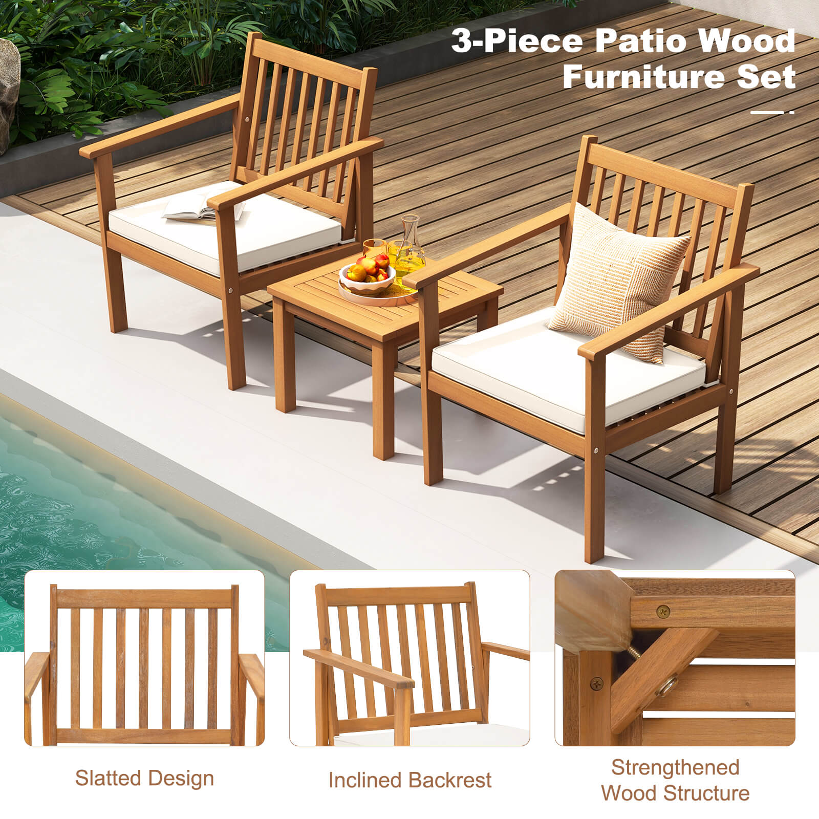 3 Piece Patio Wood Furniture Set With Cushions, White Patio Conversation Sets at Gallery Canada