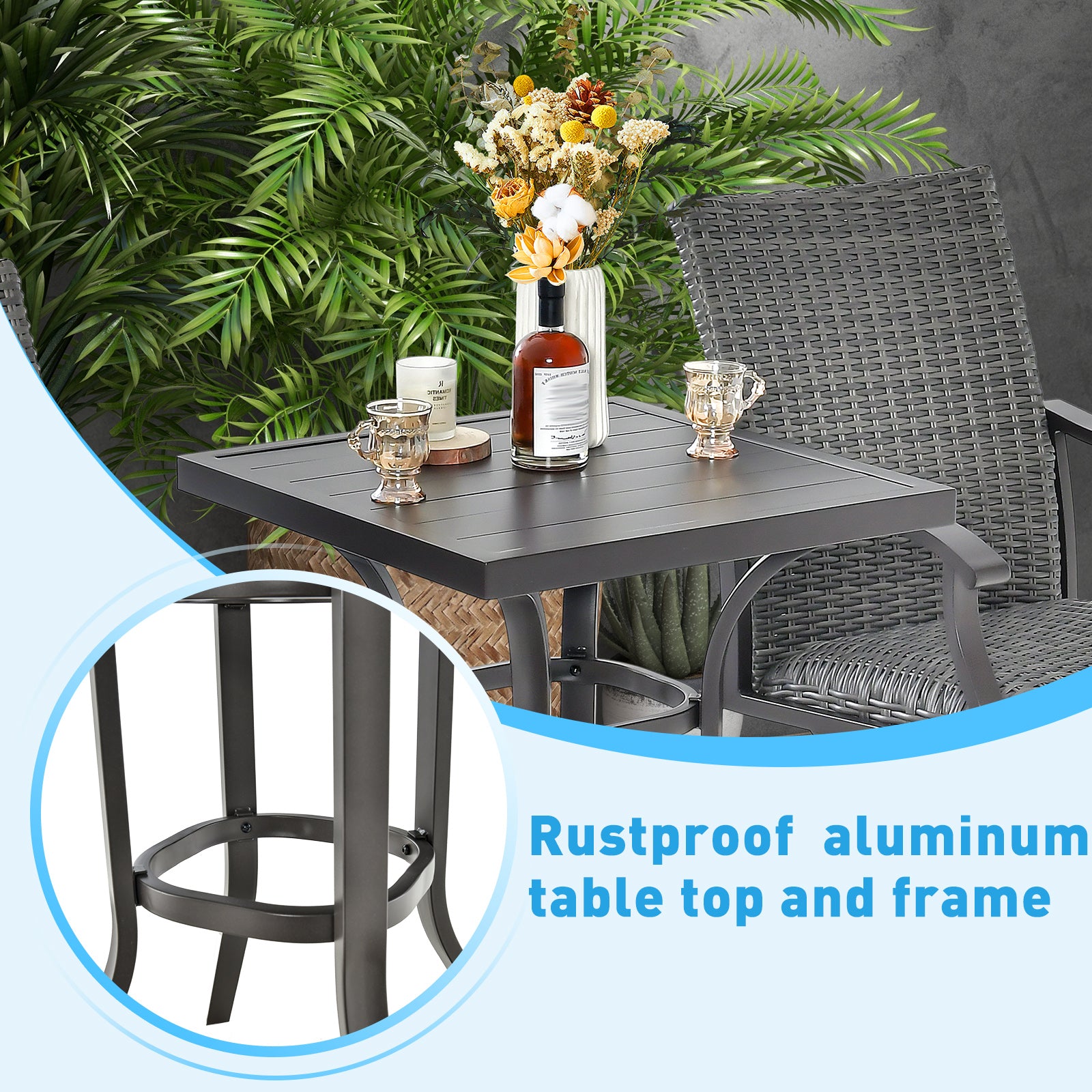 24 Inch Bar Height Table, Aluminum Tabletop, Adjustable Foot Pads, Black Patio Bar Furniture at Gallery Canada
