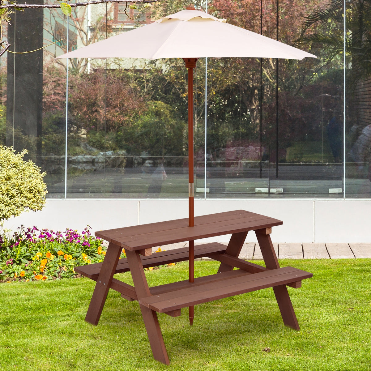 4-Seat Kids Picnic Table Bench With Umbrella, Brown Kids Table & Chair Sets at Gallery Canada
