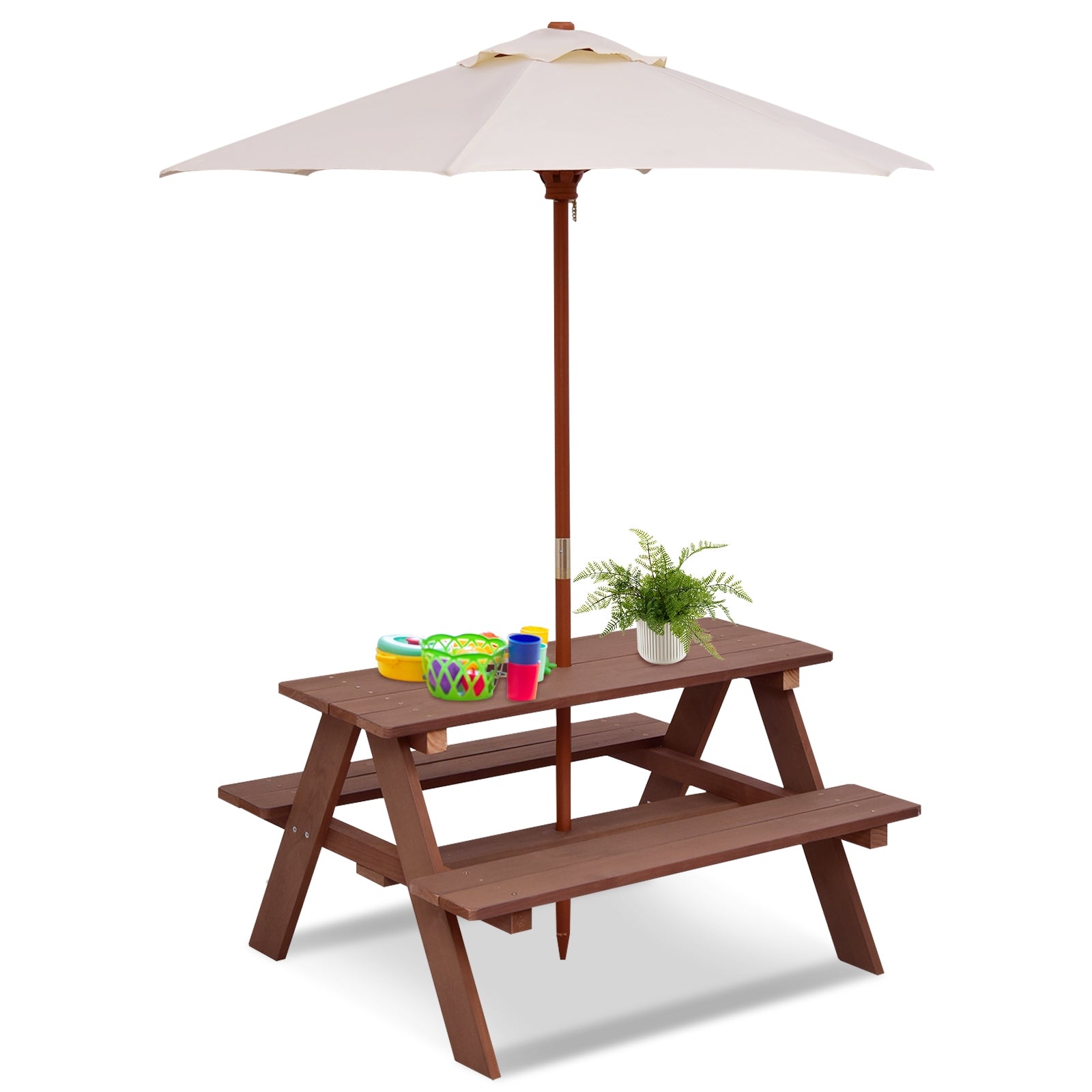 4-Seat Kids Picnic Table Bench With Umbrella, Brown Kids Table & Chair Sets at Gallery Canada