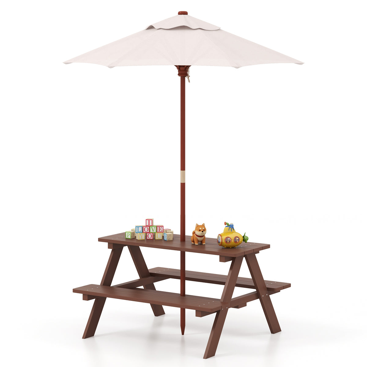 4-Seat Kids Picnic Table Bench With Umbrella, Brown Kids Table & Chair Sets Brown at Gallery Canada