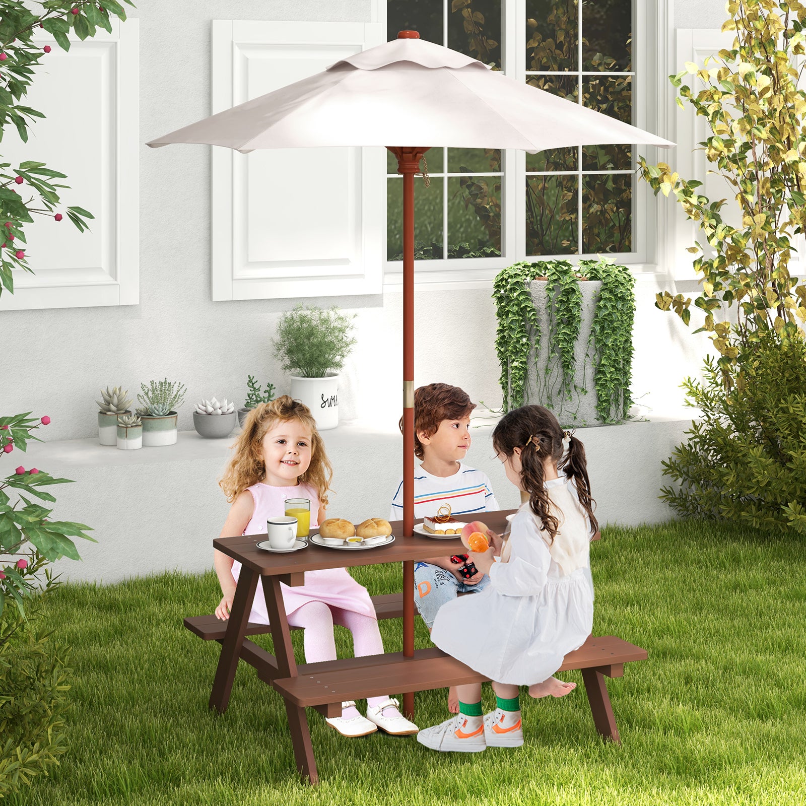 4-Seat Kids Picnic Table Bench With Umbrella, Brown Kids Table & Chair Sets at Gallery Canada