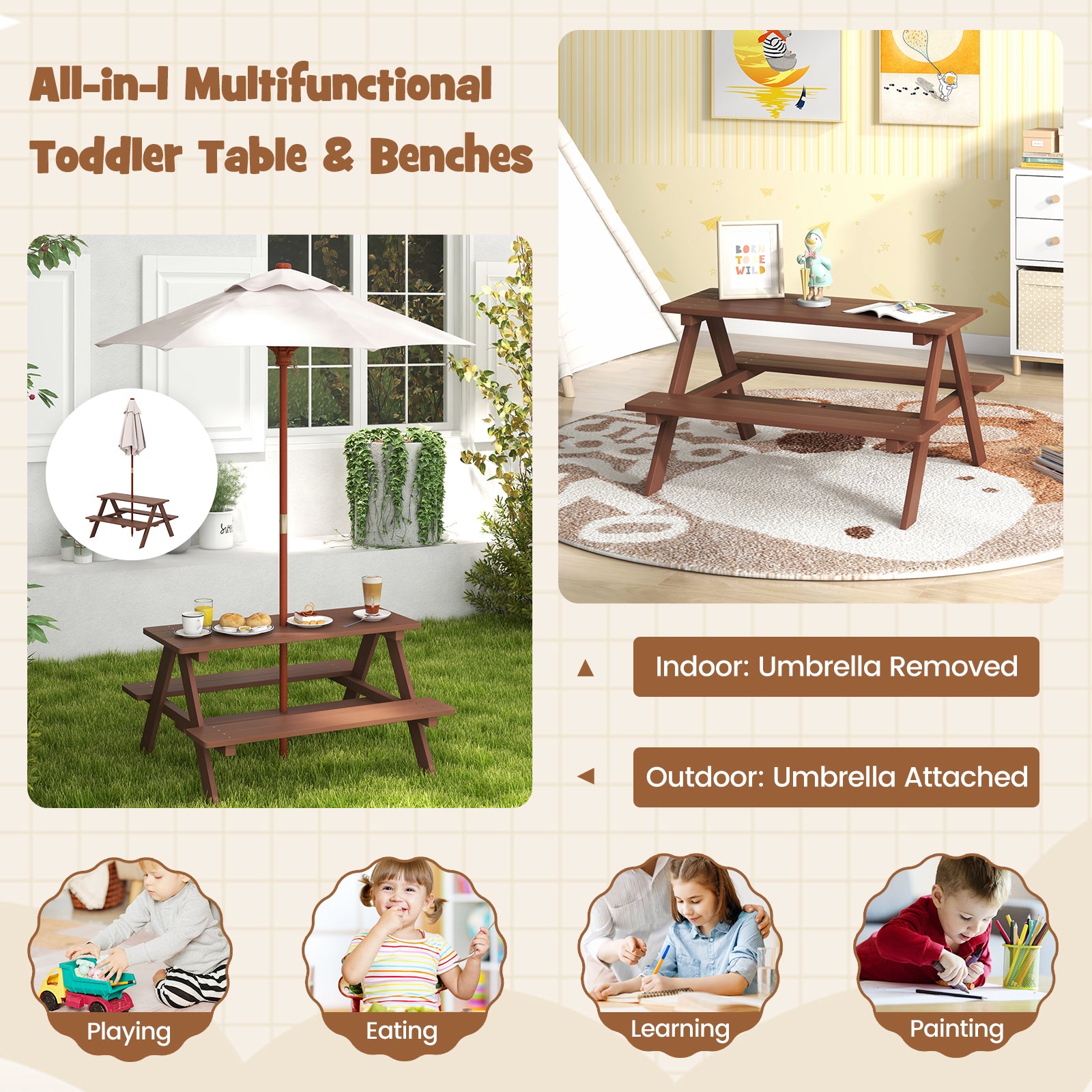 4-Seat Kids Picnic Table Bench With Umbrella, Brown Kids Table & Chair Sets at Gallery Canada