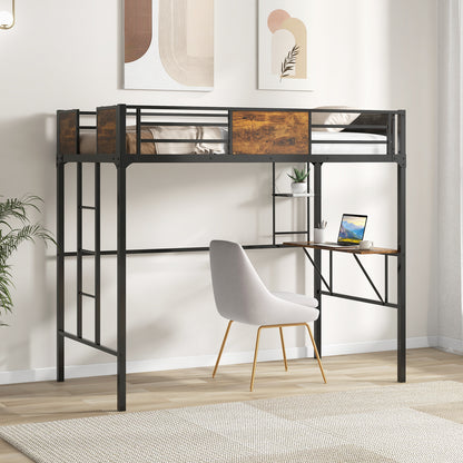 Twin Size Metal Loft Bed With Desk, Storage Shelf, Built-In Ladder, Black Bunk Bed Frame at Gallery Canada