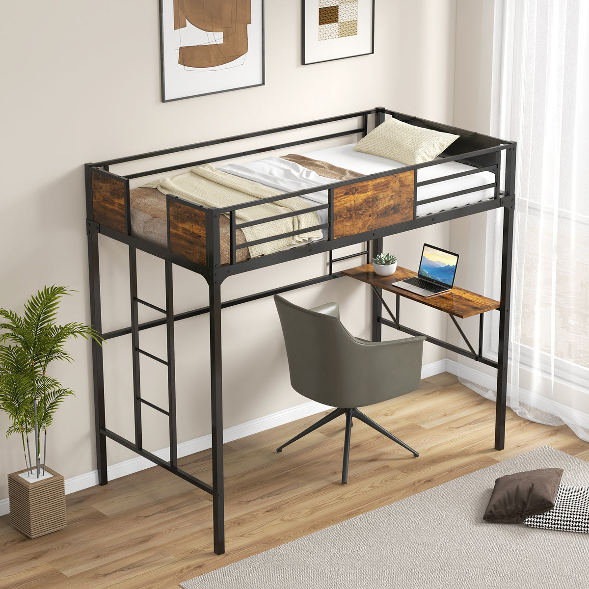 Twin Size Metal Loft Bed With Desk, Storage Shelf, Built-In Ladder, Black Bunk Bed Frame at Gallery Canada