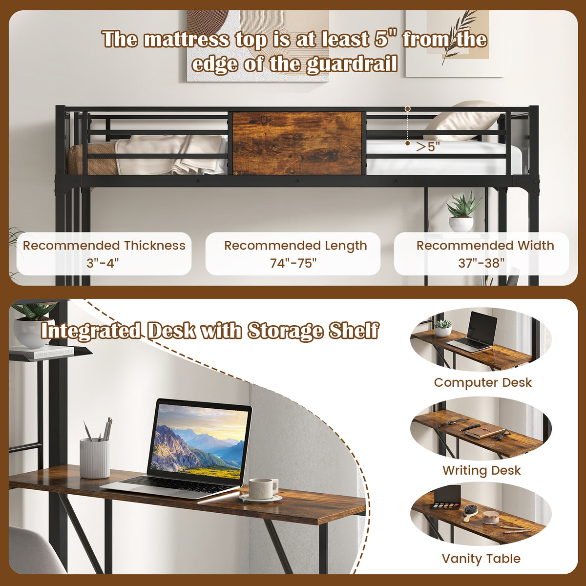 Twin Size Metal Loft Bed With Desk, Storage Shelf, Built-In Ladder, Black Bunk Bed Frame at Gallery Canada