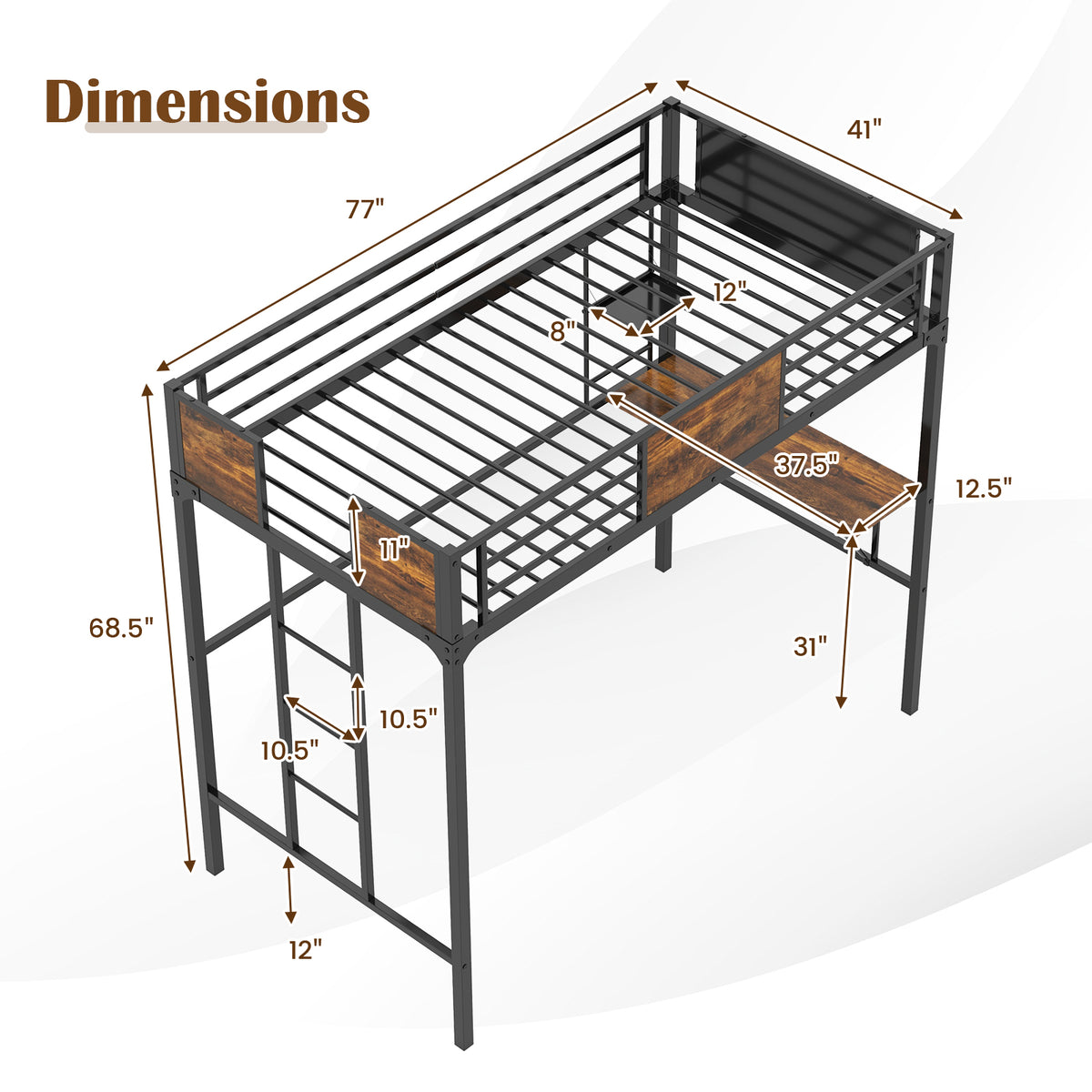 Twin Size Metal Loft Bed With Desk, Storage Shelf, Built-In Ladder, Black Bunk Bed Frame at Gallery Canada