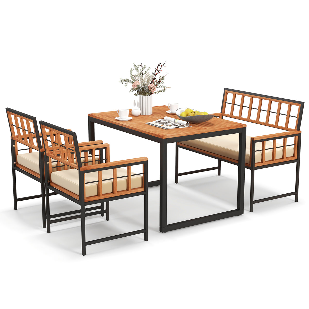 4 Piece Acacia Wood Patio Dining Set, Rectangular Table, Natural Patio Dining Sets at Gallery Canada