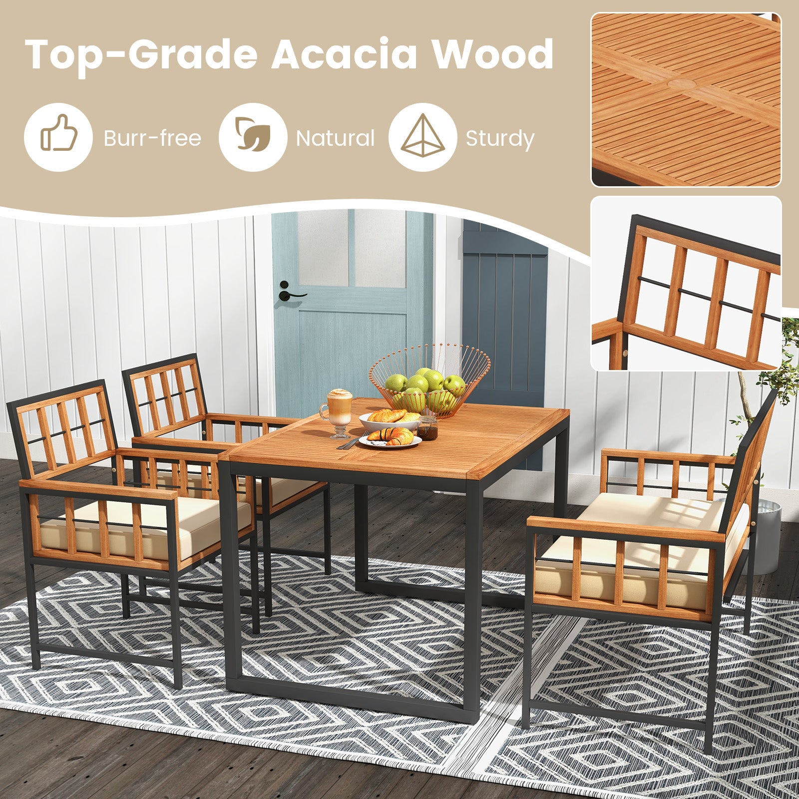 4 Piece Acacia Wood Patio Dining Set, Rectangular Table, Natural Patio Dining Sets at Gallery Canada
