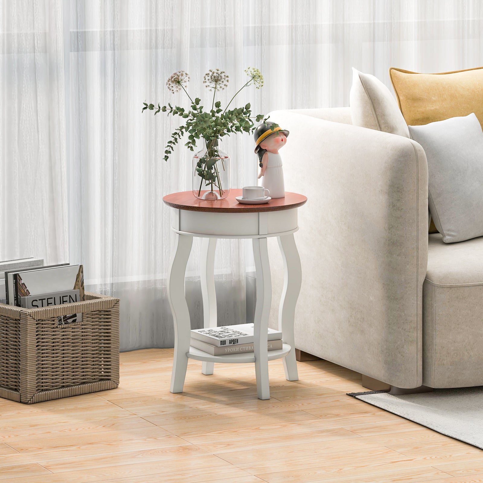 2-Tier Round End Table, Storage Shelf, Rubber Wood Legs, Walnut & White, Gray End & Side Tables at Gallery Canada
